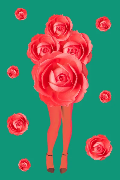 Rose brote y las mujeres hermosas piernas en medias de color ácido y zapatos de tacón alto sobre un fondo colorido. Luz de disco, arte surrealista. Divertido collage de arte moderno en estilo revista, arte pop, cultura zine . —  Fotos de Stock