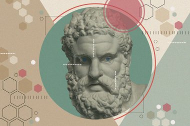 Herkül 'ün antika heykelini içeren sanat kolajı yüz ve numaralar, geometrik şekiller. Güzellik, moda ve sağlık teması. Bilim, araştırma, keşif, teknoloji konsepti. Zine kültürü. Pop sanat tarzı.