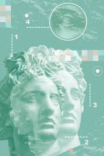 Kunstcollage met antieke sculptuur van Apollo gezicht en cijfers, geometrische vormen. Schoonheid, mode en gezondheid thema. Wetenschap, onderzoek, ontdekking, technologie concept. Zine cultuur. Pop art stijl. — Stockfoto