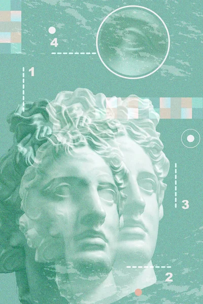 Collage d'art avec sculpture antique du visage et des chiffres Apollon, formes géométriques. Beauté, mode et santé thème. Science, recherche, découverte, concept technologique. Zine culture. Style pop art. — Photo