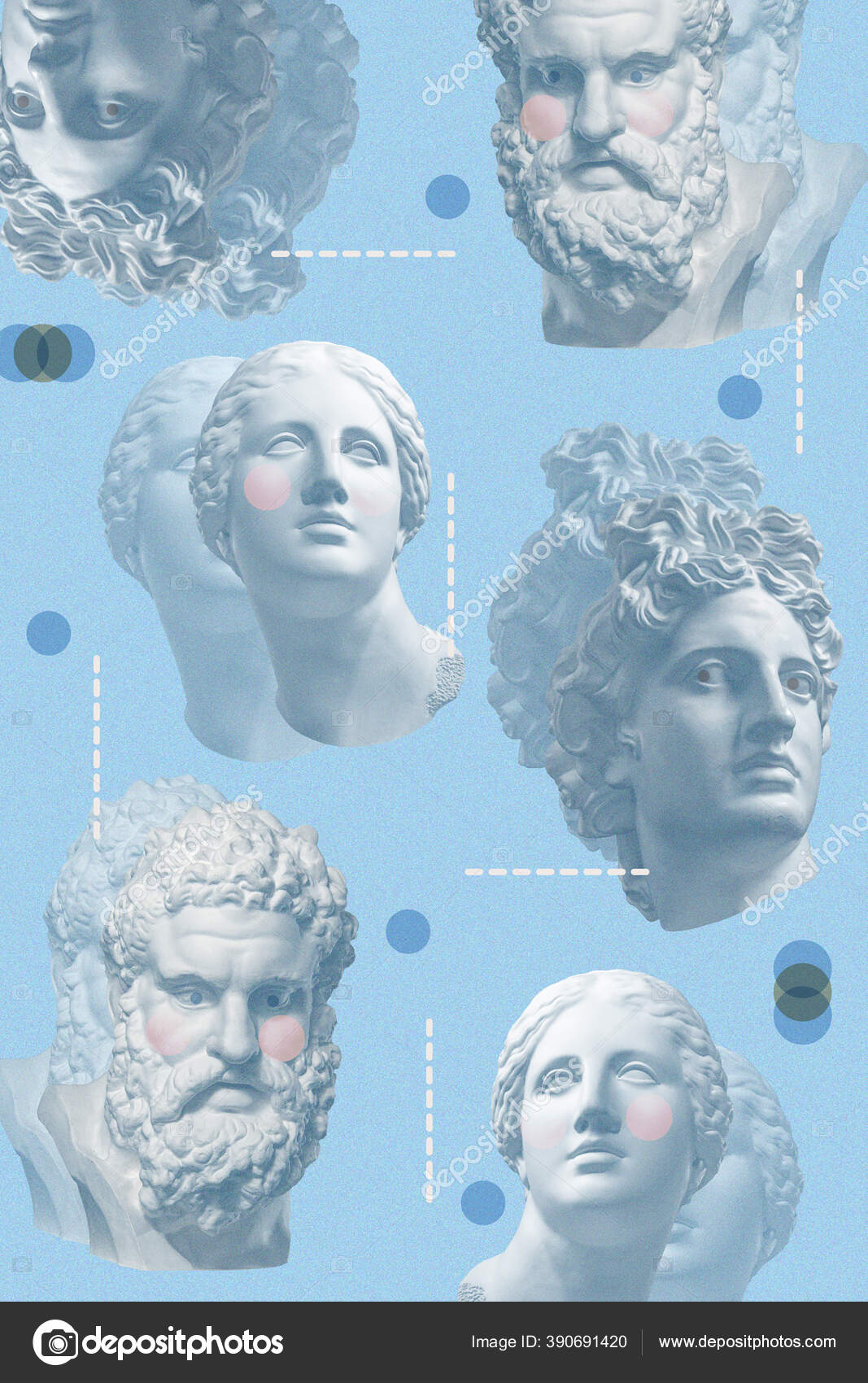 Colagem com escultura de gesso antigo do rosto humano em um estilo pop art. Imagem de