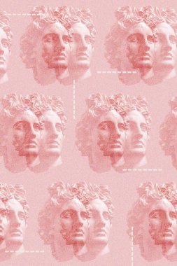 Popüler sanat tarzında insan yüzünün alçıdan yapılmış antik heykelinin olduğu moda sanatları kolajı. Modern sürrealizm tarzında yaratıcı moda konsepti. Güzellik, moda ve sağlık teması. Zine kültürü.