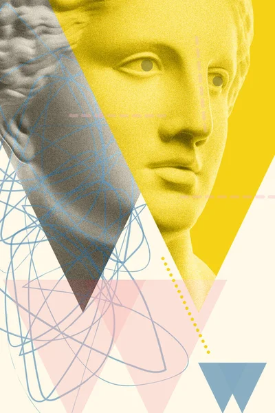Kolaż mody z gipsową antyczną rzeźbą twarzy Wenus w stylu pop art. Kreatywny obraz koncepcyjny mody we współczesnym stylu surrealizmu. Piękno, moda i zdrowie tematu. Hodowla cynku. — Zdjęcie stockowe