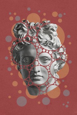 Popüler sanat tarzında insan yüzünün alçıdan yapılmış antik heykelinin kolajı. Pastel renklerde antik heykel kafasıyla yaratıcı bir konsept görüntüsü. Zine kültürü. Çağdaş sanat tarzı poster. Apollo baskını.