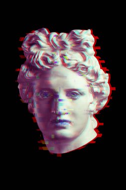 Popüler sanat tarzında insan yüzünün alçıdan yapılmış antik heykelinin kolajı. Yaratıcı bir konsept görüntüsü. Antik heykel kafasında arıza var. Zine kültürü. Çağdaş sanat tarzı poster. Apollo baskını.