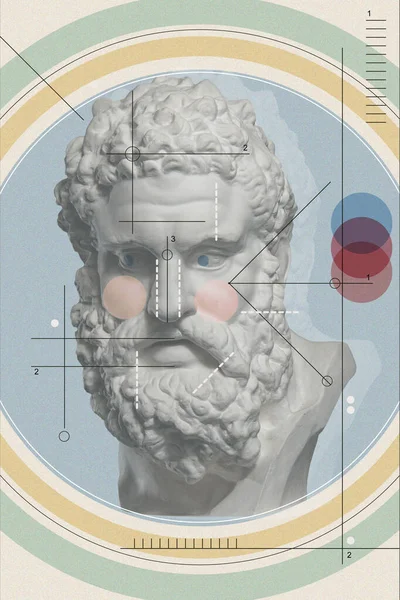 Művészeti kollázs antik szobor Heracles arc és számok, geometrikus formák. Szépség, divat és egészség téma. Tudomány, kutatás, felfedezés, technológiai koncepció. Zine kultúra. Pop art stílus. — Stock Fotó