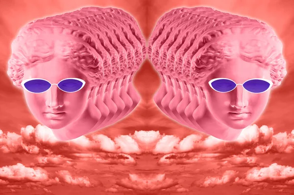 Colagem com escultura de gesso antigo do rosto humano em um estilo pop art. Imagem de néon colorido de conceito criativo com cabeça de estátua antiga. Cultura Zine. Cyberpunk, webpunk e cartaz de estilo surreal . — Fotografia de Stock