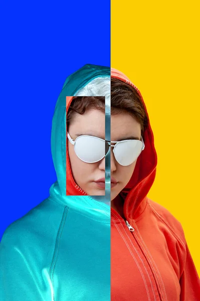 Konstcollage med alternativa funky flicka på klarblå gul bakgrund. Närbild modeporträtt ung vacker kvinna i luvtröja och vita glasögon. Ovanligt modekoncept för ungdomar — Stockfoto