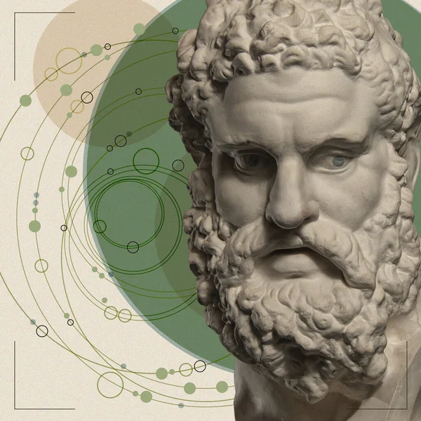 고대 조각 된 헤라클레스의 얼굴과 숫자, 기하학적 인 형태의 예술 콜라주입니다. 과학, 연구, 발견, 기술 개념. 아름다움, 패션, 건강과 관련 된 주제입니다. 진 문화. 팝 아트 스타일. — 스톡 사진