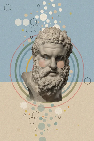 Művészeti kollázs antik szobor Heracles arc és számok, geometrikus formák. Tudomány, kutatás, felfedezés, technológiai koncepció. Szépség, divat és egészség téma. Zine kultúra. Pop art stílus. — Stock Fotó
