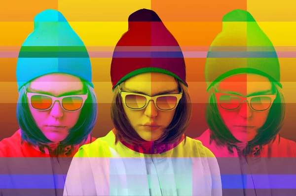 Collage de arte con chica funky alternativa con efecto de superposición sobre fondo multicolor brillante. Primer plano retrato de moda joven hermosa mujer en gafas. Concepto inusual de moda juvenil. — Foto de Stock