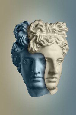 Apollo 'nun antika heykelinin olduğu sanat kolajı yüz ve numaralar, geometrik şekiller. Güzellik, moda ve sağlık teması. Bilim, araştırma, keşif, teknoloji konsepti. Zine kültürü. Pop sanat tarzı.