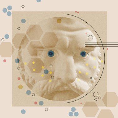 Herkül 'ün antika heykelini içeren sanat kolajı yüz ve numaralar, geometrik şekiller. Bilim, araştırma, keşif, teknoloji konsepti. Güzellik, moda ve sağlık teması. Zine kültürü. Pop sanat tarzı.