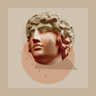 İnsan yüzü, numaraları ve geometrik şekilleri olan antik bir sanat kolajı. Güzellik, moda ve sağlık teması. Bilim, araştırma, keşif, teknoloji konsepti. Zine kültürü. Pop sanat tarzı.