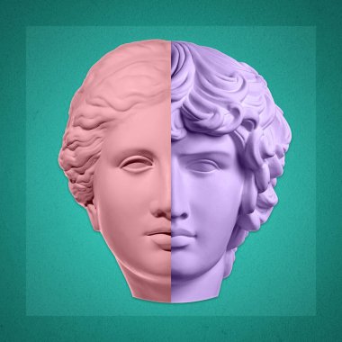 Popüler sanat tarzında alçıdan yapılmış, duble insan yüzü heykeli. Pastel renklerde antik heykel kafasıyla yaratıcı bir konsept görüntüsü. Zine kültürü. Çağdaş sanat tarzı poster. Antika baskını