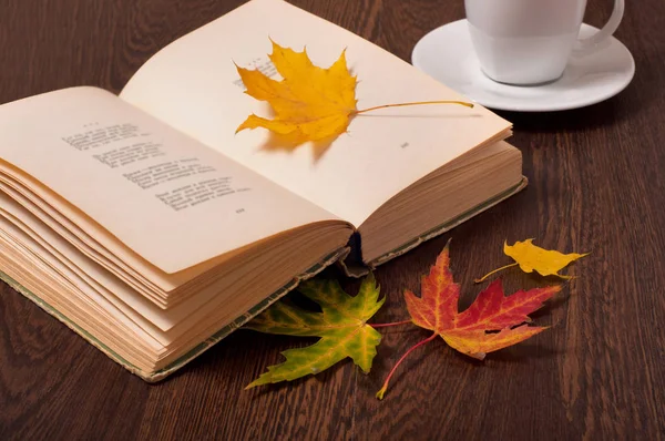 Чашка Кофе Книги Осенние Листья Столе — стоковое фото