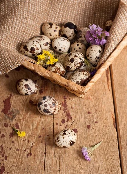 Uova Quaglia Cesto Fiori Secchi Natura Morta Pasqua Vista Dall — Foto Stock