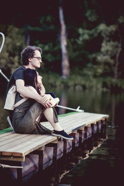 Romantic Couple Sitting Pier — Stock Photo, Image