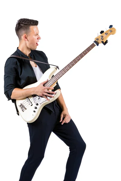Gitar Üzerinde Beyaz Izole Ile Genç Müzisyen — Stok fotoğraf