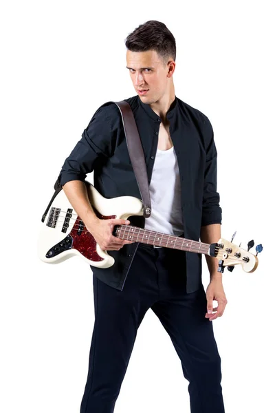 Jeune Musicien Avec Guitare Isolé Sur Blanc — Photo