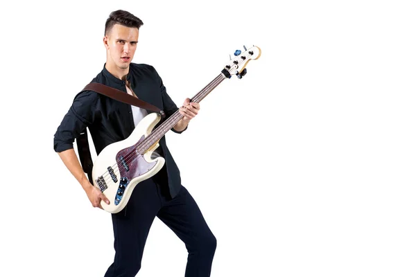 Jovem Músico Com Guitarra Isolado Branco — Fotografia de Stock