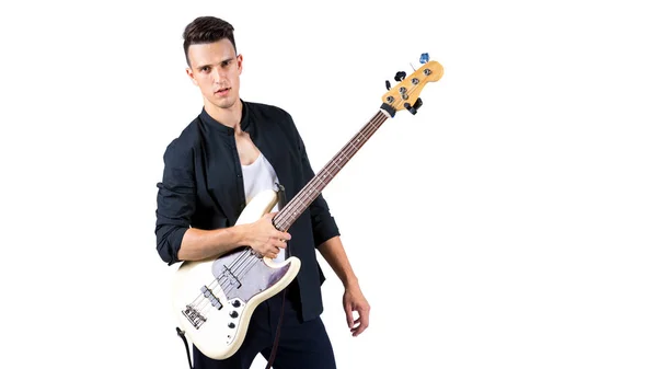Gitar Üzerinde Beyaz Izole Ile Genç Müzisyen — Stok fotoğraf