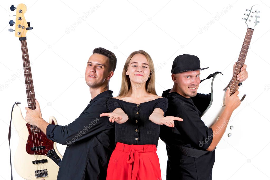 Rock band of two guitarists and singer against white background