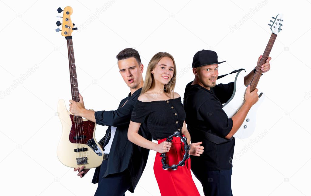 Rock band of two guitarists and singer against white background