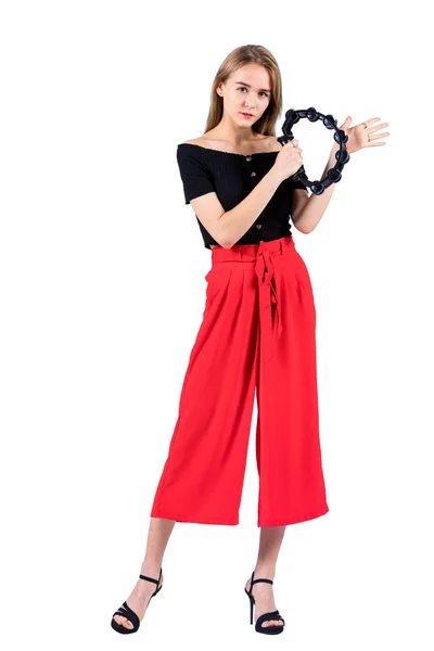 Blond Longhaired Woman Tambourine Hands Isolated White Background — Stock Photo, Image