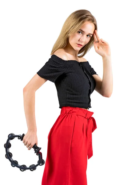 Mujer Rubia Pelo Largo Con Una Pandereta Las Manos Aislado — Foto de Stock
