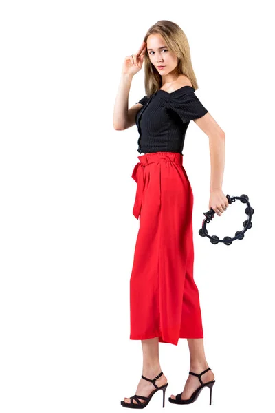 Blond Longhaired Woman Tambourine Hands Isolated White Background — Stock Photo, Image