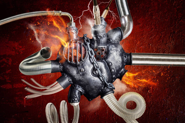 Сердце из стали, выполненное в стиле парового панка. Красный ржавый фон
.