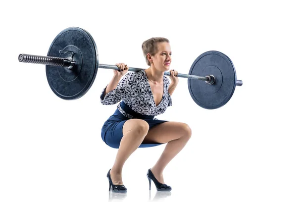 Businesswoman Lifts Heavy Barbell Isolated White Photo Business Financial Strength — Stock Photo, Image
