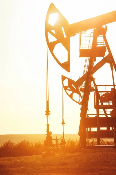 Pumpeneinheit Arbeitet Ölfeld Auf Dem Hintergrund Des Sonnenuntergangs — Stockfoto