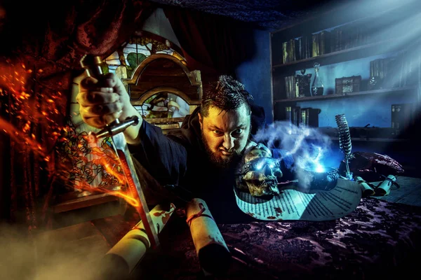 Necromancy Sorcerer Casting Black Magic Spell Using Flaming Dagger Smoky — Stock Photo, Image