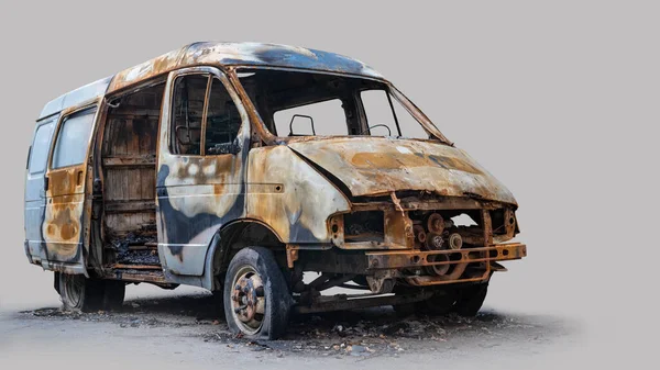 Burnt Out Delivery Van Isolated Grey Background — Stock Photo, Image