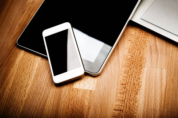 Laptop Keyboard Phone Tablet Wooden Desk — Stock Photo, Image