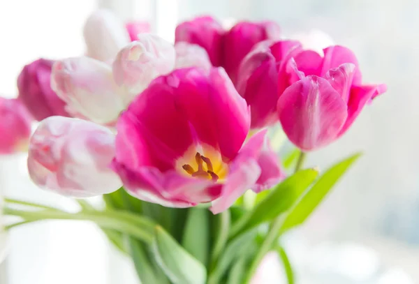 Kytice Růžové Tulipány Váze Selektivní Rozostřený — Stock fotografie