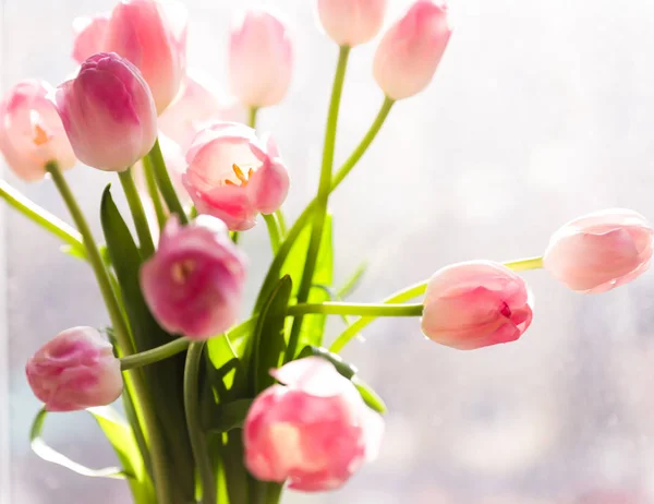 Bouquet Tulipes Roses Dans Vase Concentration Sélective Douce — Photo