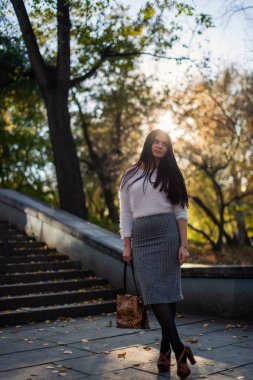 Elegance iş genç kadın deri şık çanta ile şehir güneşli parkta yürüyüş gri kalem etek ve beyaz kazak giyiyor. 