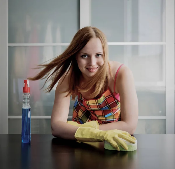 Happy Girl Cleaning Table Furniture Polish Hom — Stock Photo, Image