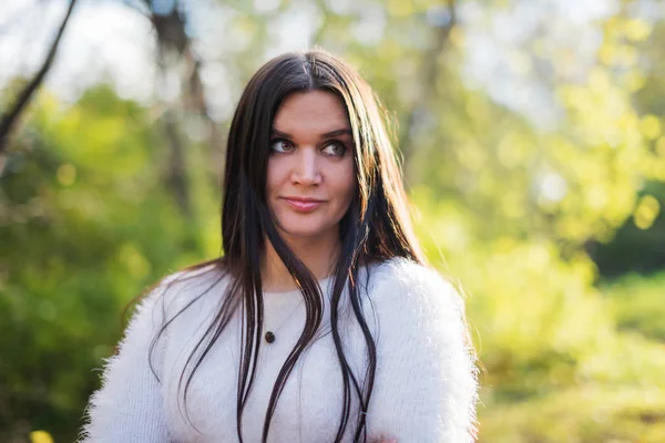 Outdoor Photo Young Beautiful Lady Autumn Landscape — Stock Photo, Image