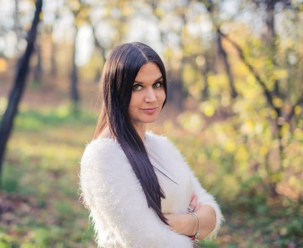 Outdoor Photo Young Beautiful Lady Autumn Landscape — Stock Photo, Image