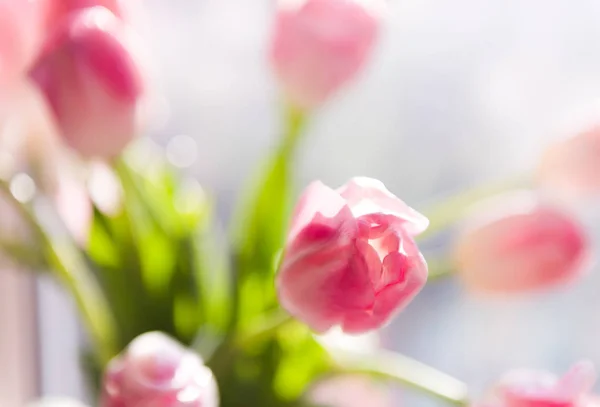 Bukiet Róż Tulipany Wazonie Nieostrość Selektywne — Zdjęcie stockowe