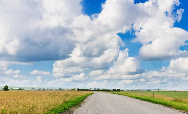 沥青混凝土路面通过绿色领域和云对蓝色的天空在夏季的一天 — 图库照片