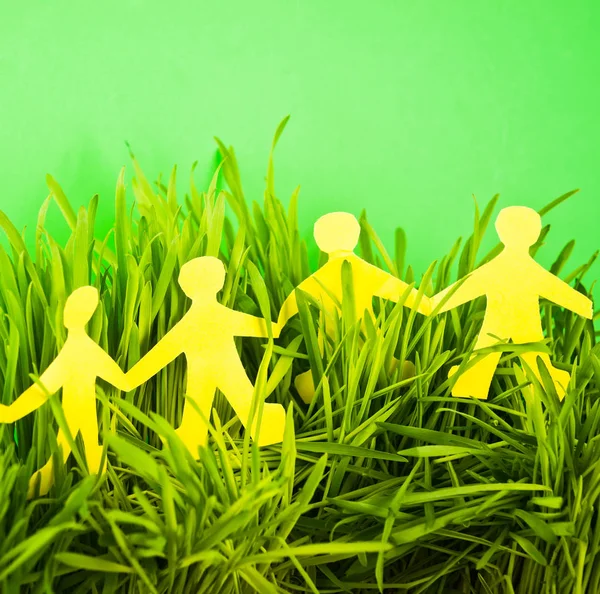 Paper People Green Grass Bright Background — Stock Photo, Image