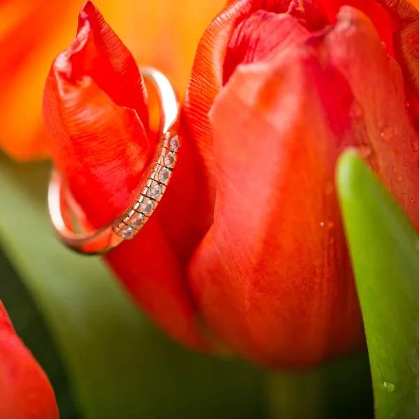 Złoty Pierścionek Zaręczynowy Piękny Kwiat — Zdjęcie stockowe