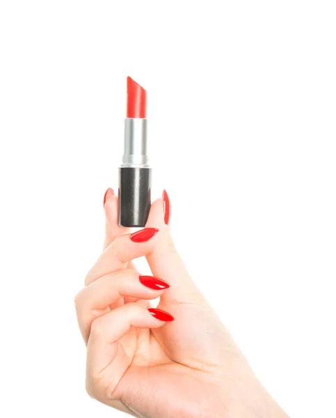 Frauenhand Mit Roten Nägeln Und Lippenstift — Stockfoto