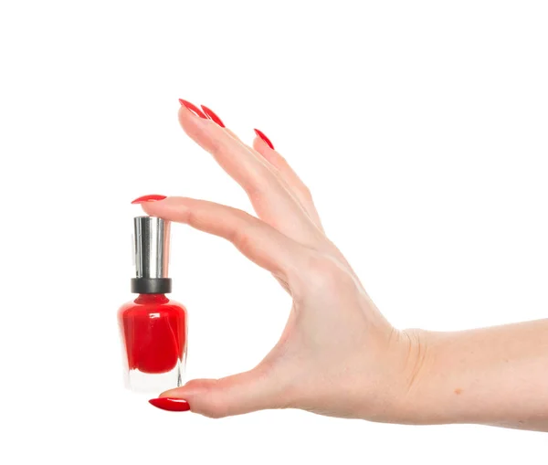 Main Avec Bouteille Vernis Ongles Rouge — Photo