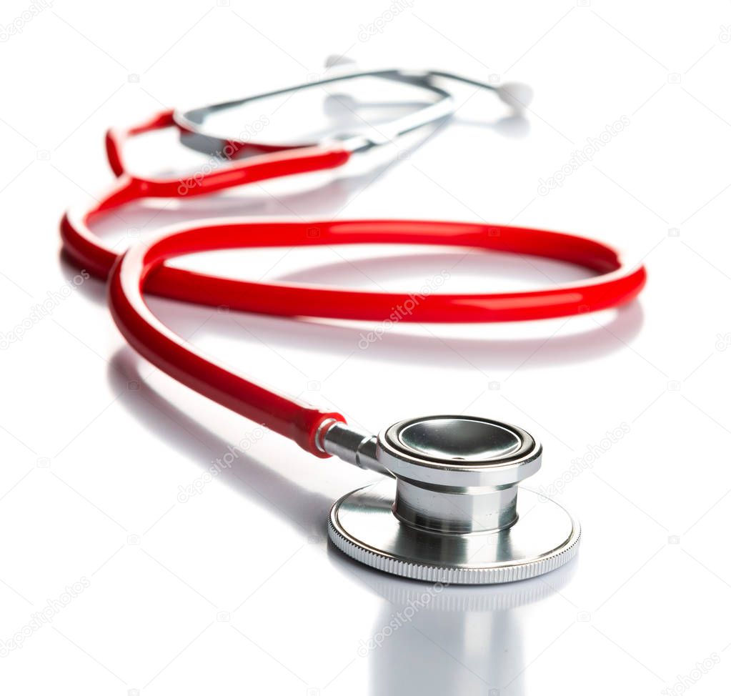 Red stethoscope isolated on white background